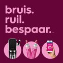 Zwarte bruiswatermachine, twee roze CO2-cilinders en een telefoon die de SodaStream app toont.