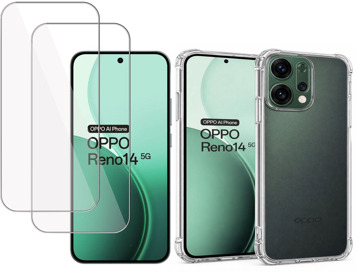 Proteq Hoesje + Screenprotector 2x geschikt voor OPPO Reno 14 5G – Gehard Glas – Extreme Shockproof Case – Transparant