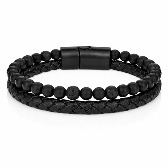 Bracelet double noir avec cuir tressé et perles d'agate et de lave noires, fermoir magnétique en acier inoxydable.