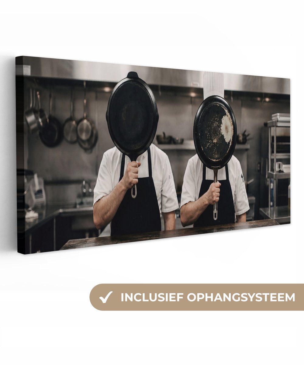 Canvas schilderij 300x140 cm - Exclusieve wanddecoratie Koks - Koekenpannen - Keuken - Muu