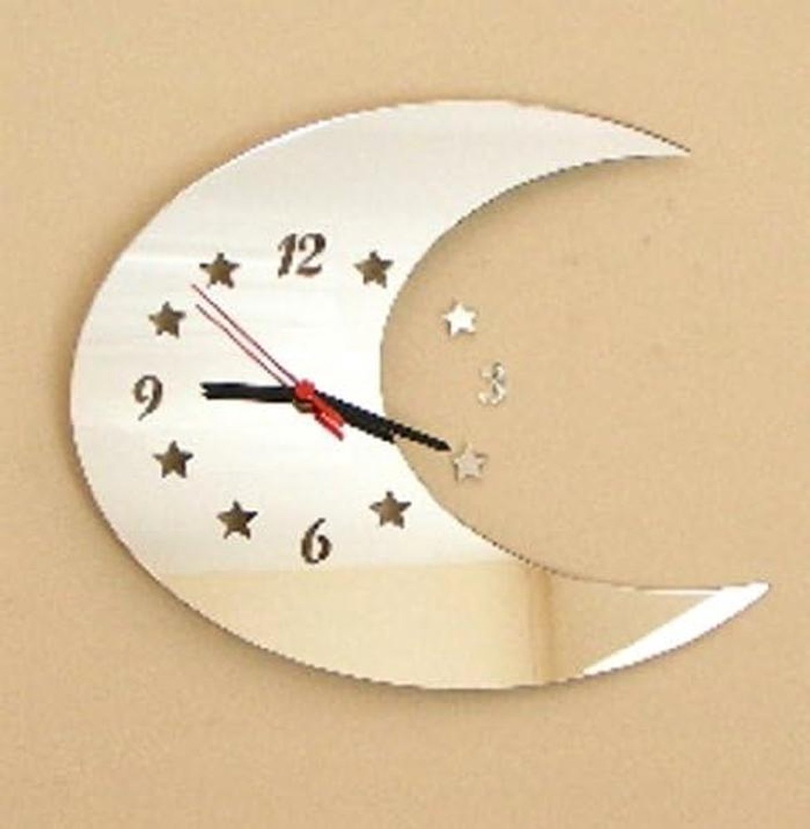 Maan Klok Spiegel - Wanddecoratie Tijd - Woonkamer Decoratie - Stille Tikkende Beweging - 40cm x 30cm - Zilver