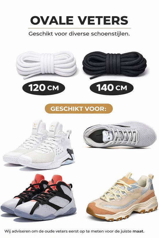 Witte en zwarte ovale veters, 120 cm en 140 cm lang. Geschikt voor diverse schoenen.
