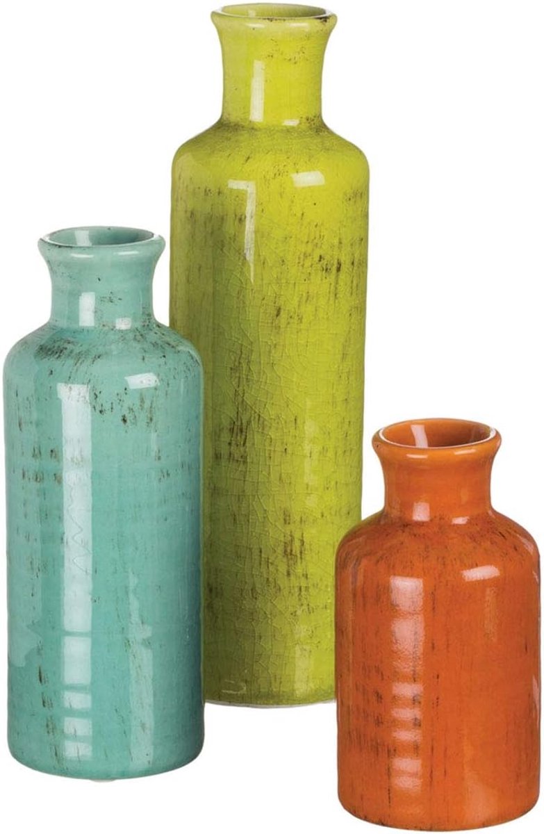 Keramische Vaasset - Decoratieve Vazen - Rustieke Huisdecoratie - Set van Drie - 20cm Hoog - Meerkleurig