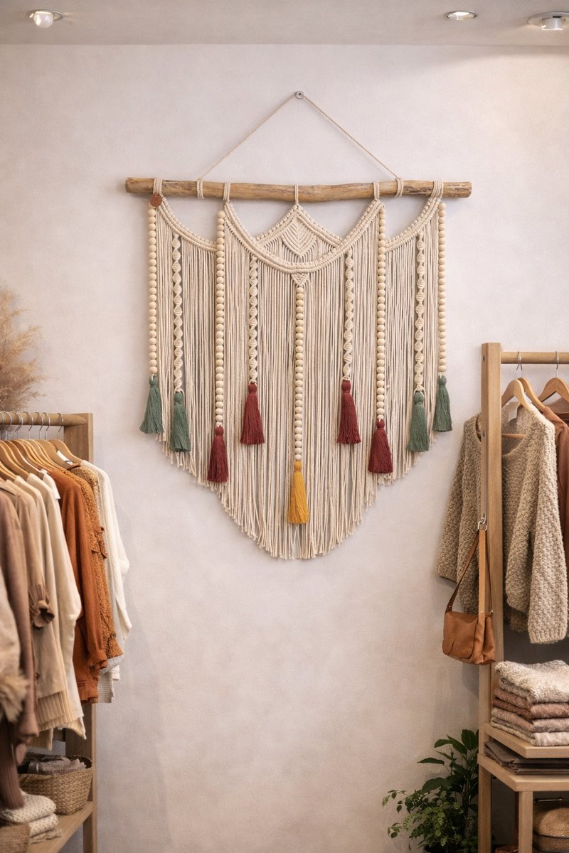 Handgemaakte Boho Macramé Wandhanger "Anatolia" – Uniek Design met Houten Stok, Natuurlijke Katoen Touwen & Kralen, Vintage Stijl Wanddecoratie