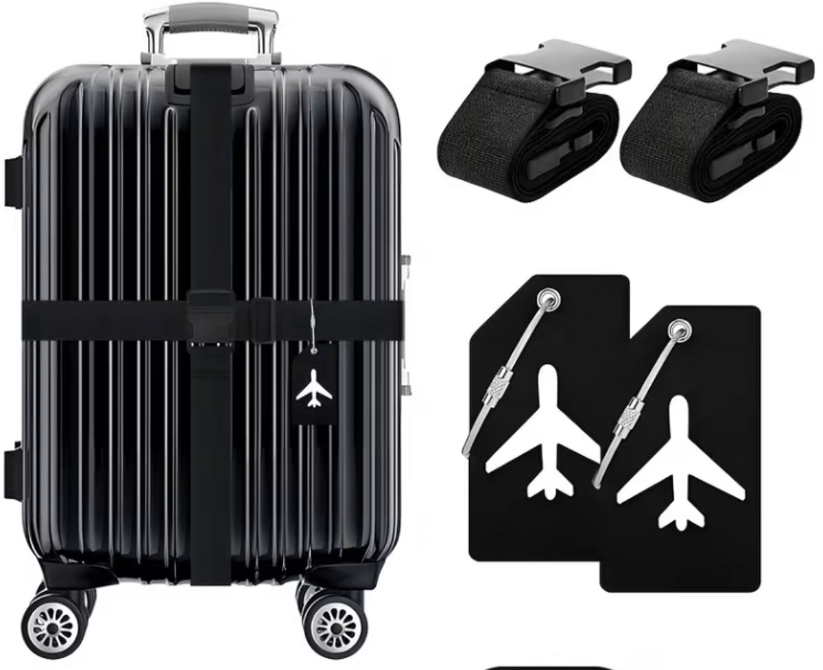 Zwarte Kofferriem / Bagageband – Set van 2 met Labels (4-delig) – Verstelbaar tot 170 cm – Kofferband voor Vliegveld Herkenning – Reis Accessoire