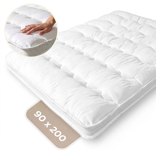 Wit 3D Air Hotel topper van Sleeptime, 90x200. Gewatteerd met horizontale banen. Gedeelte toont een hand die de zachte stof aanraakt.
