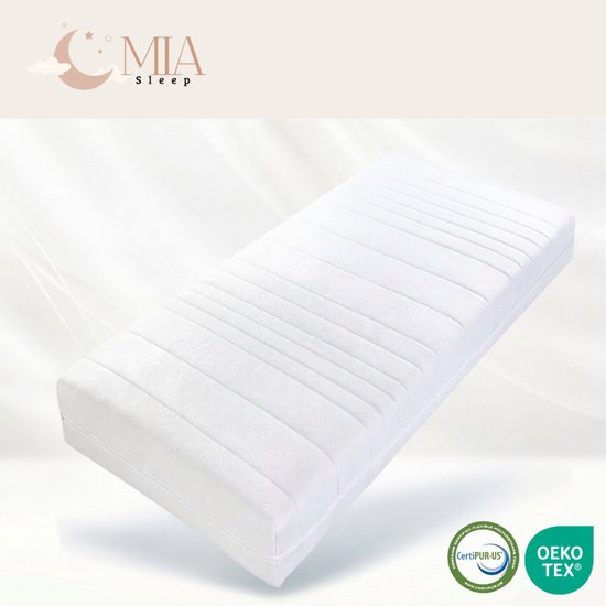 Wit matras met gestreepte tijk, op een witte achtergrond met logo's.