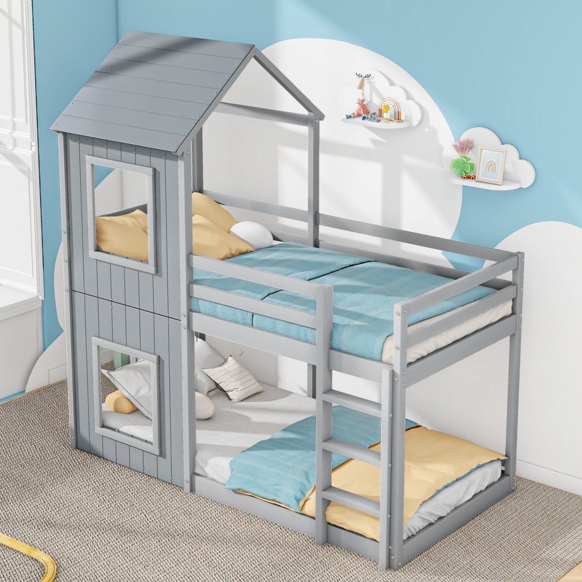 MODENUIT Kinderbed 90x200 cm – Huisbed met Veiligheidshek – Vloerbed – Zonder matras – Massief Grenen – Grijs