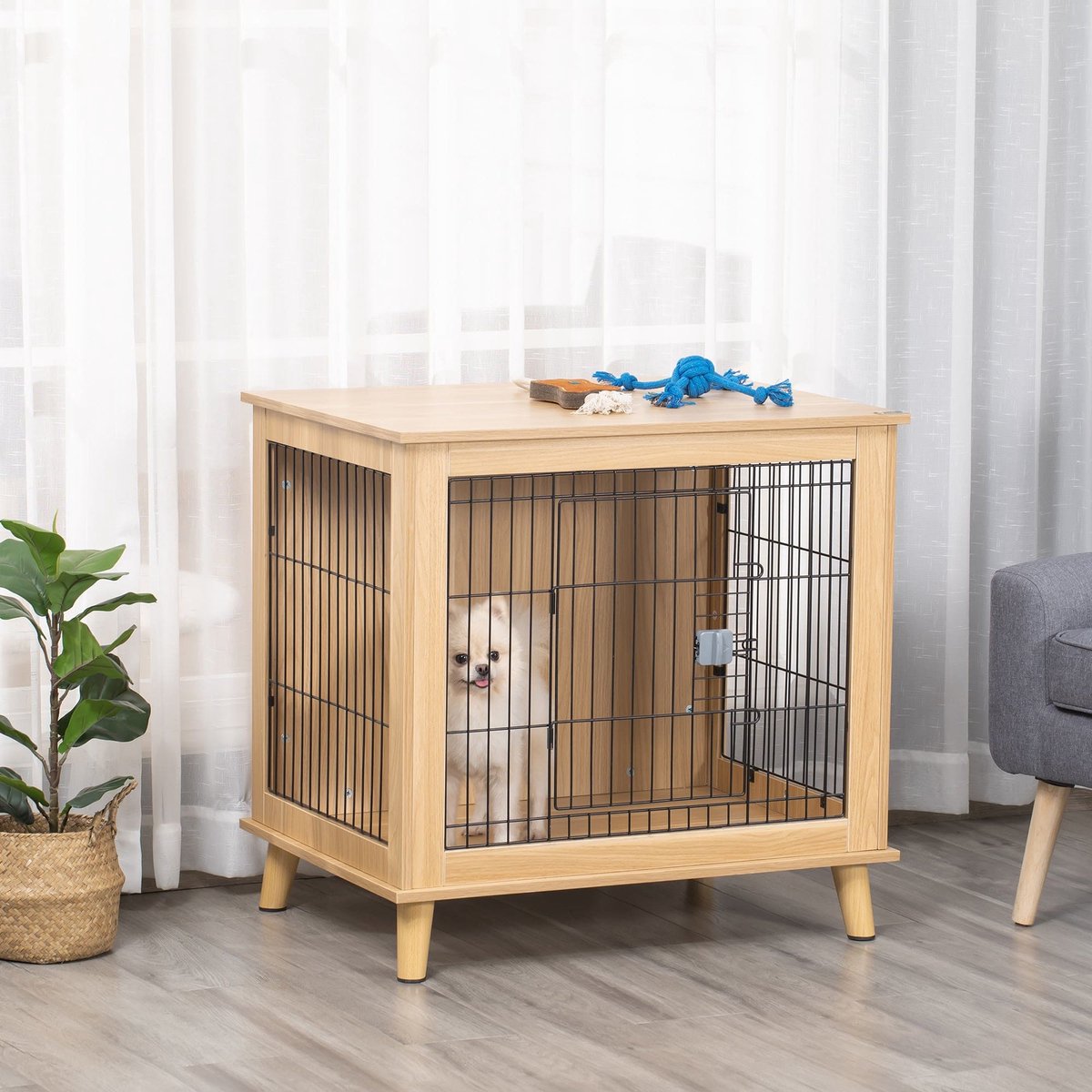 Hondenbench – Hondenkooi – Draagbench – Transportbench – Hondenhok – Houten Eikenlook – Stabiel Zwart Staal – 81x58,5x76 cm – Middelgrote Honden