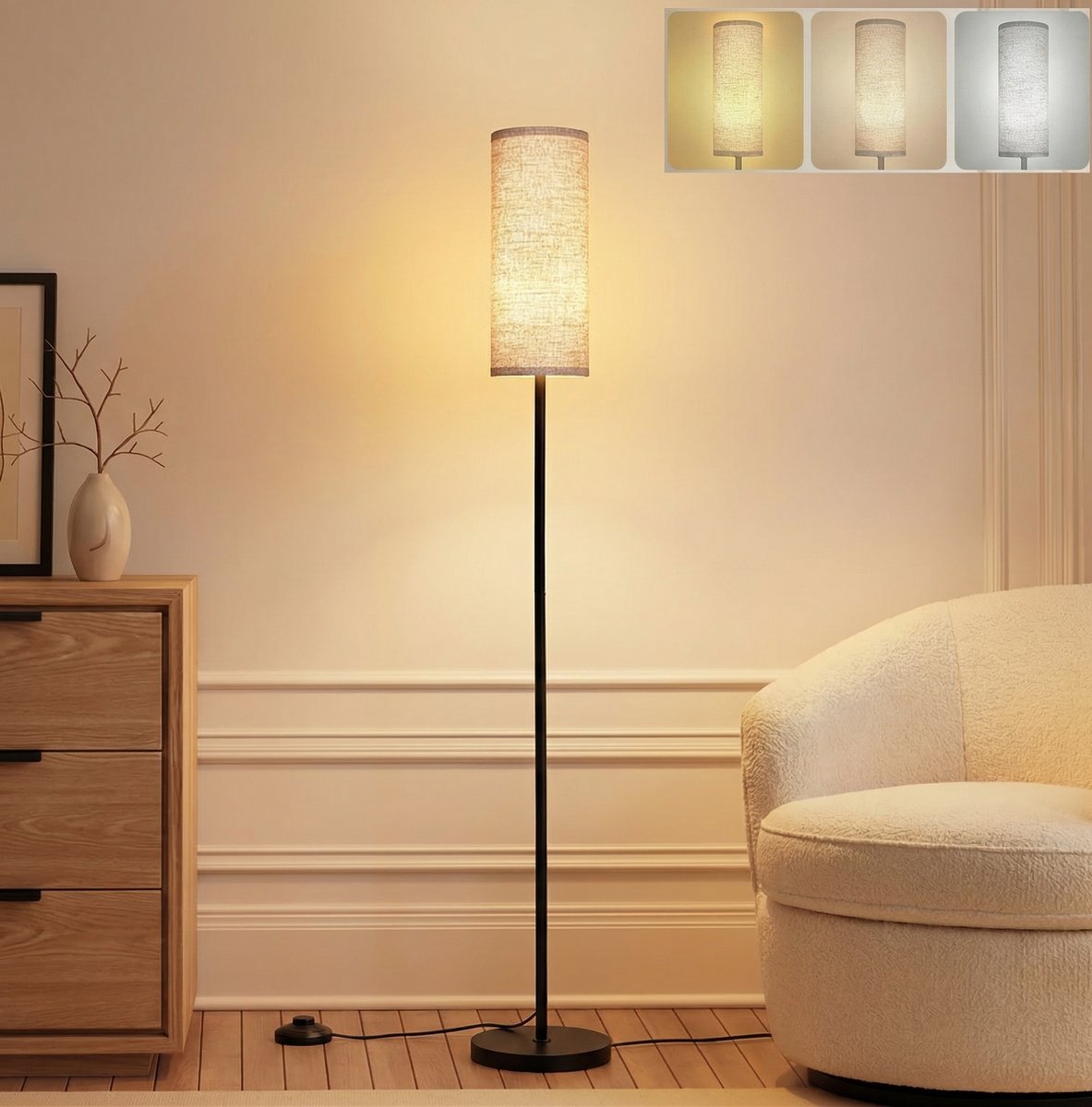 MUPOO Scandinavisch Vloerlamp met Linnen Kap 173cm