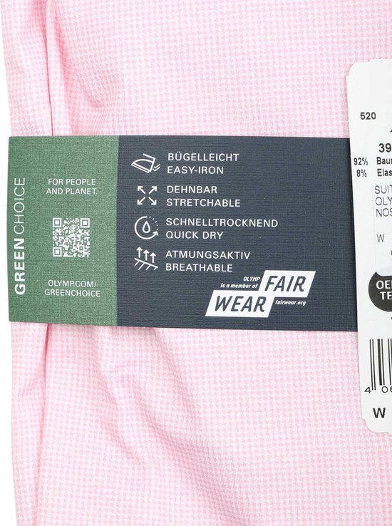 Groen Choice label en productinformatie van lichtroze overhemd met pied-de-poule.