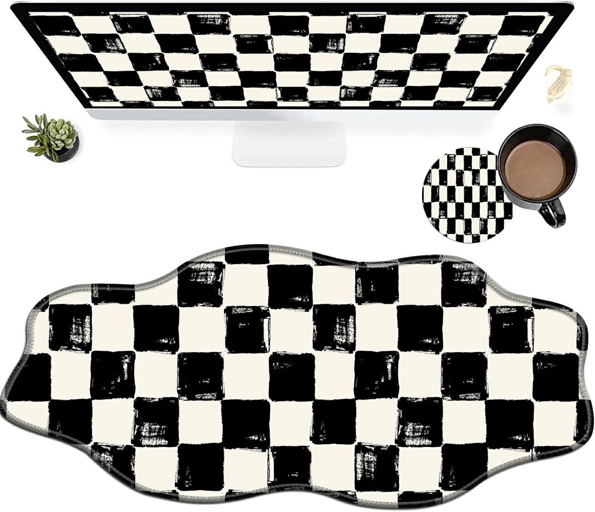 Grote Gaming Muismat - Bureaumat Onderlegger - Comfortabel Werken - Gestikte Rand Antislip - XXL 90x40cm - Zwart Wit Geruit