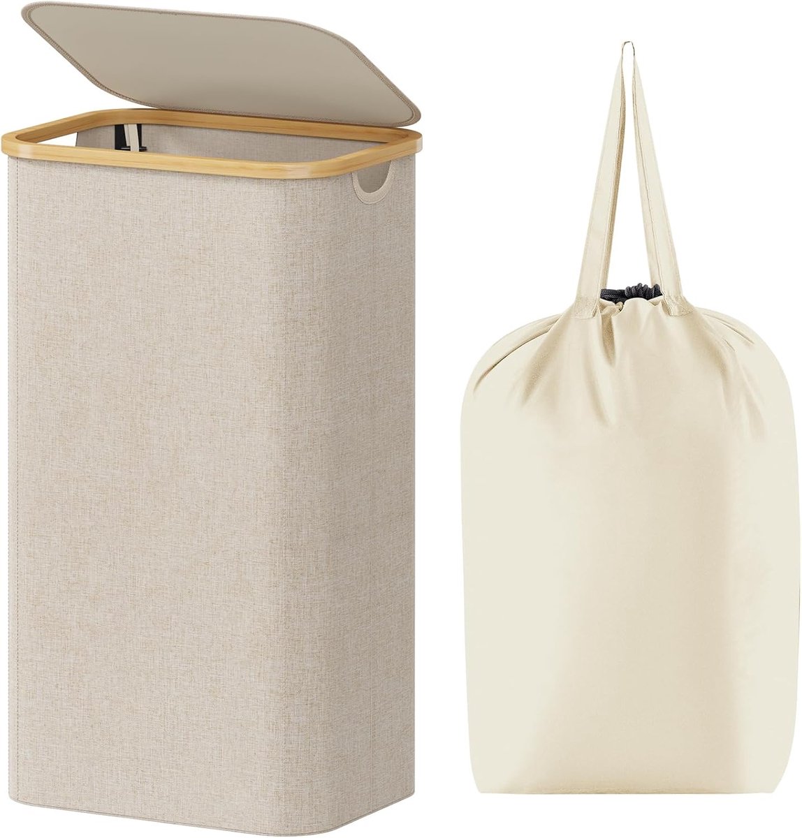 Wasmand met deksel - Opvouwbare mand - Kleding sorteren - Afneembare waszak - 100 liter - Beige