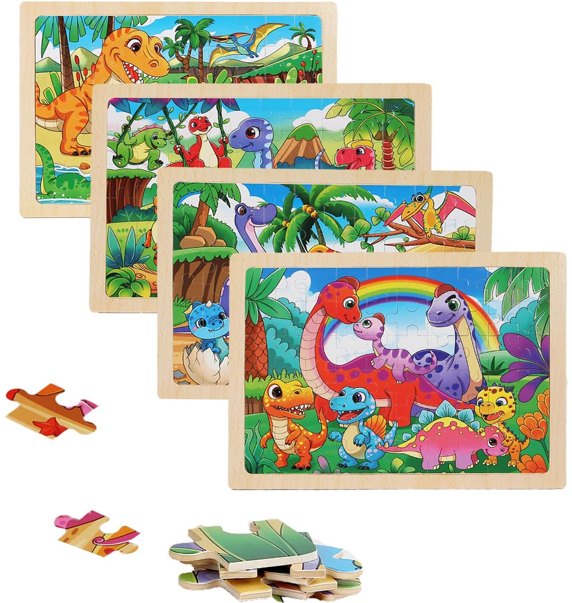 Kraftverdia Puzzel kind Houten Dinosaur - 4 Sets 24 stukjes Legpuzzels -Educatief Speelgoed voor Kinderen 3-6 Jaar – Kinderpuzzel