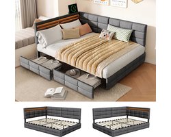 Modern Jeugdbed 140x200cm – Slaapbank met RGB LED en USB, Lattenbodem en 2 Opladelades, Grijs Linnen, Gestoffeerd Bed voor Kinder, Tiener en Volwassenen (Zonder Matras)