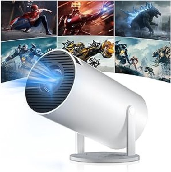 4K Draagbare Beamer Mini Projector Wit 180° Draaibaar Android 14.0 WiFi 6 Bluetooth 5.4 Compact