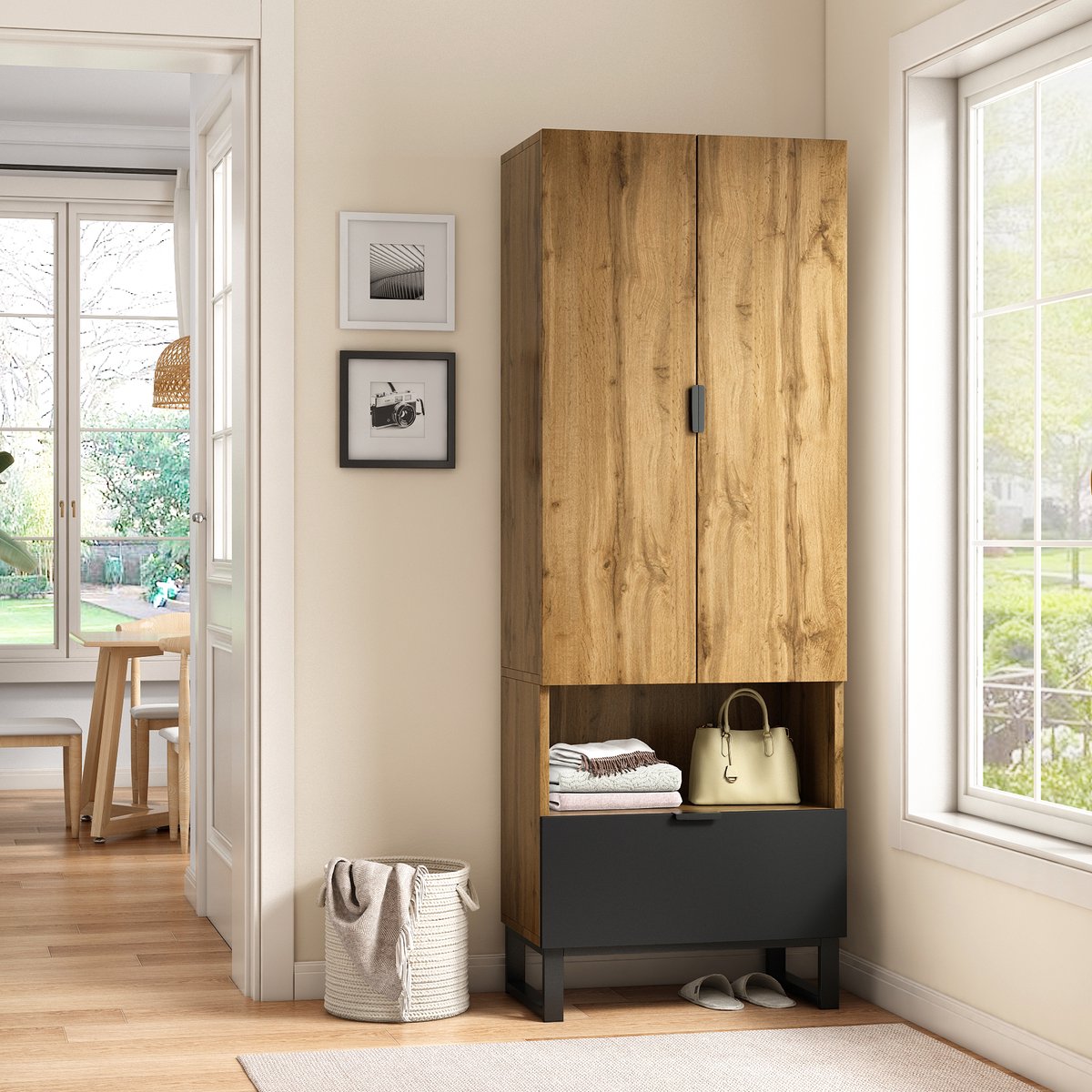 Wishdor - Garderobekast Met Schoenenopberging En Verstelbare Planken - Modern Landelijk - Hal Of Slaapkamer - Naturel En Zwart - 180x65x38 Cm