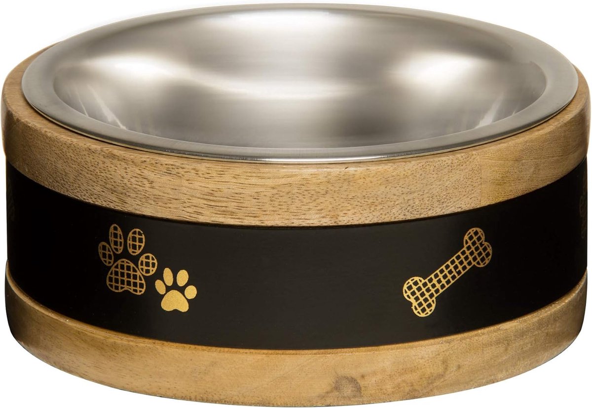 Hondenbak - Voerbak RVS - Honden Voeding - Houten Ring Stabiliteit - 1 Kwarts - Zwart