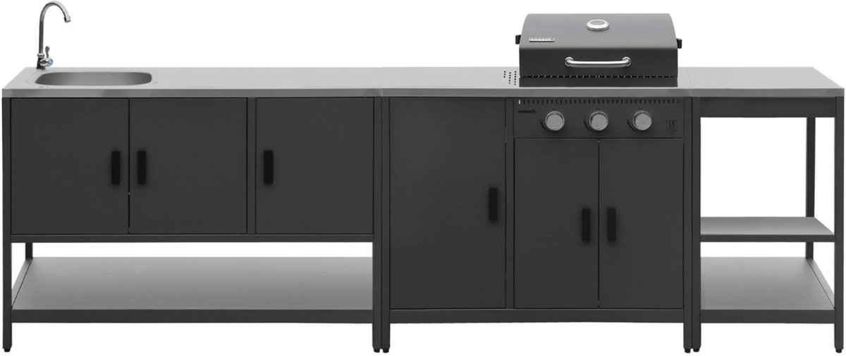 sweeek - 3 buitenkeukenmodules met gasbarbecue gootsteen en opbergruimte staal - naxos
