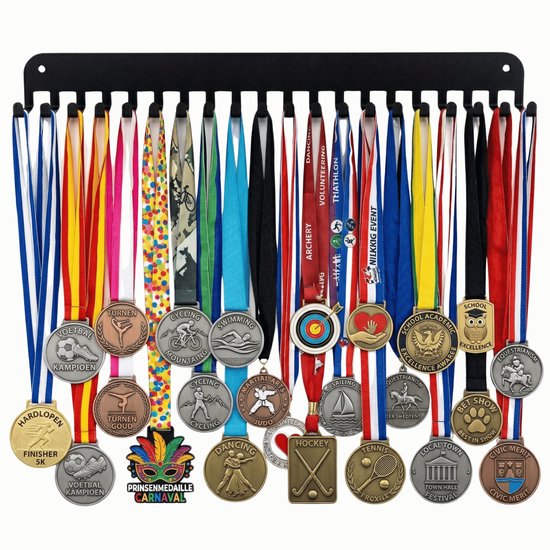 Bimivo Medaillehanger - Medaille houder - Medaille rek - Medaille display - Hardlopen - Voetbal - 20 Haken - 40 cm - Zwart