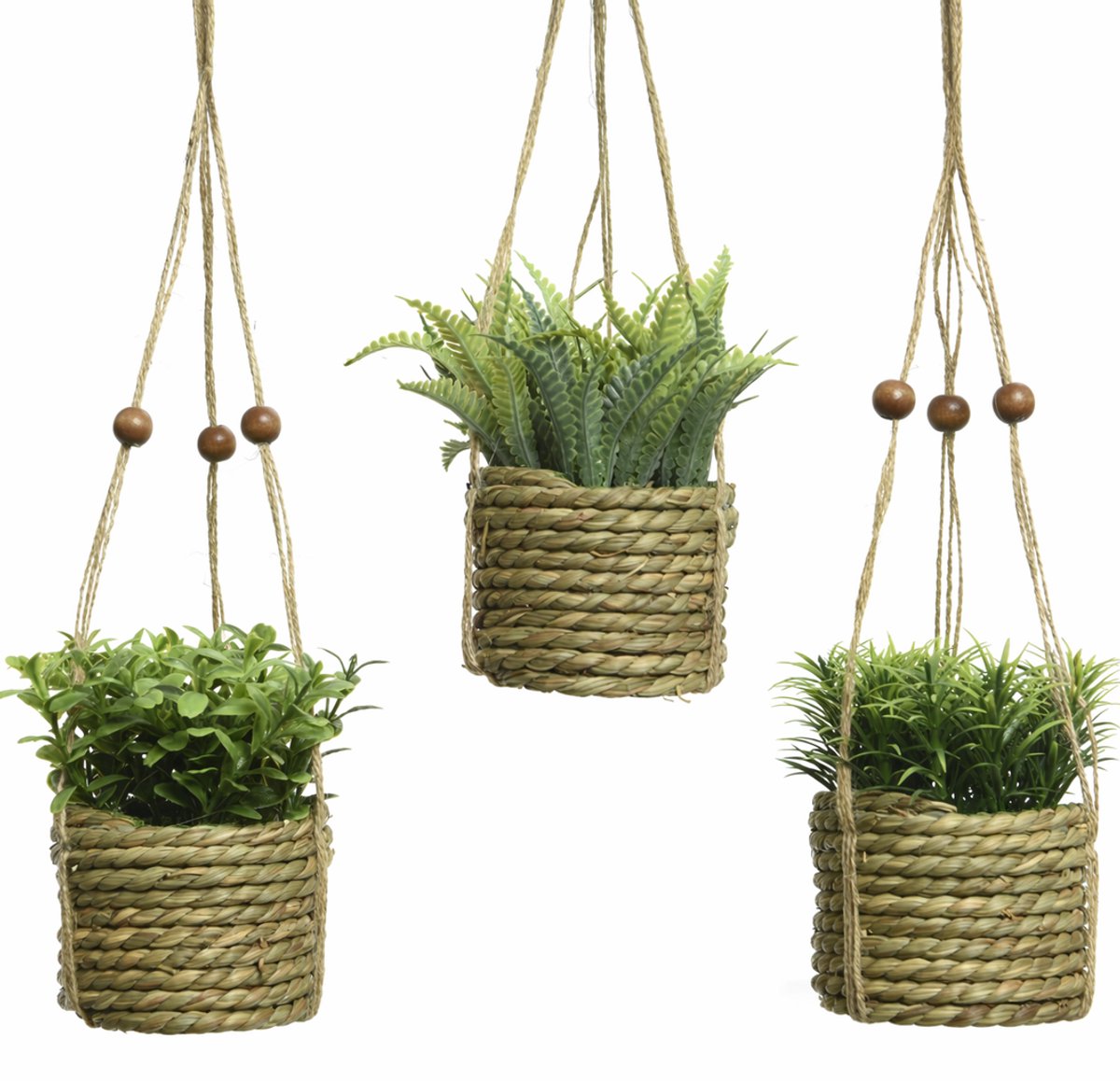 HEM Kunstplant Hangplant Set 3x – Plantenhanger Jute Mand – Kleine Kunstplanten 12 cm – Groen – Onderhoudsvrij