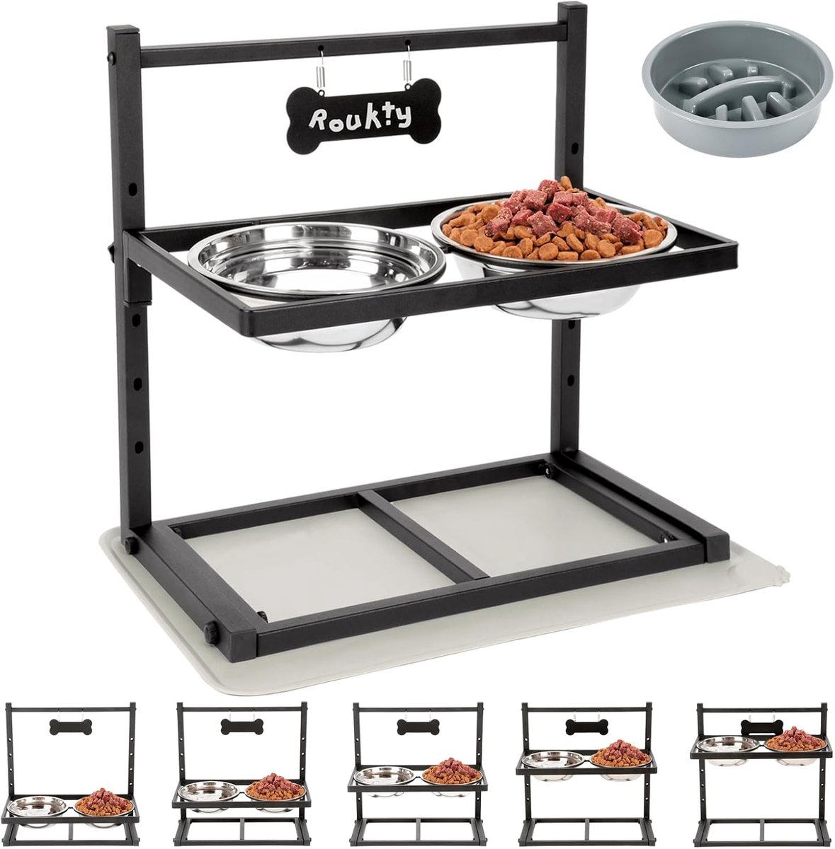 Verhoogde Hondenbak - Hondenvoer Station - Comfortabel Eten - 5-voudig Verstelbaar - 475 x 29 x 42 cm - Zwart Grijs