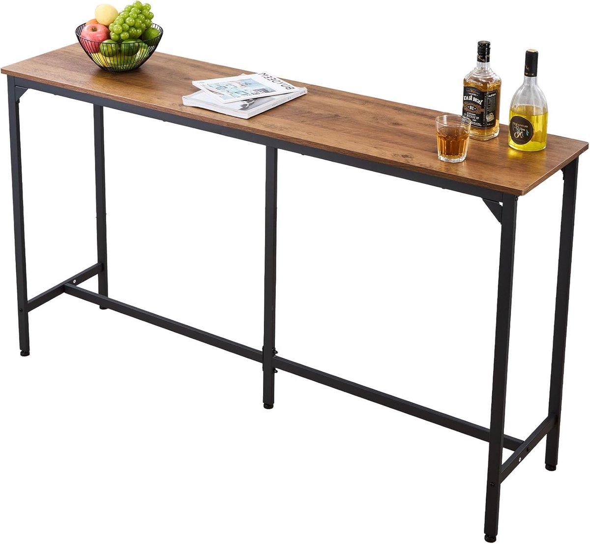 Hoge Bartafel - Pub Tafel Eettafel - Kleine Keuken - Stevig Metalen Frame - 160 x 40 cm - Bruin Zwart