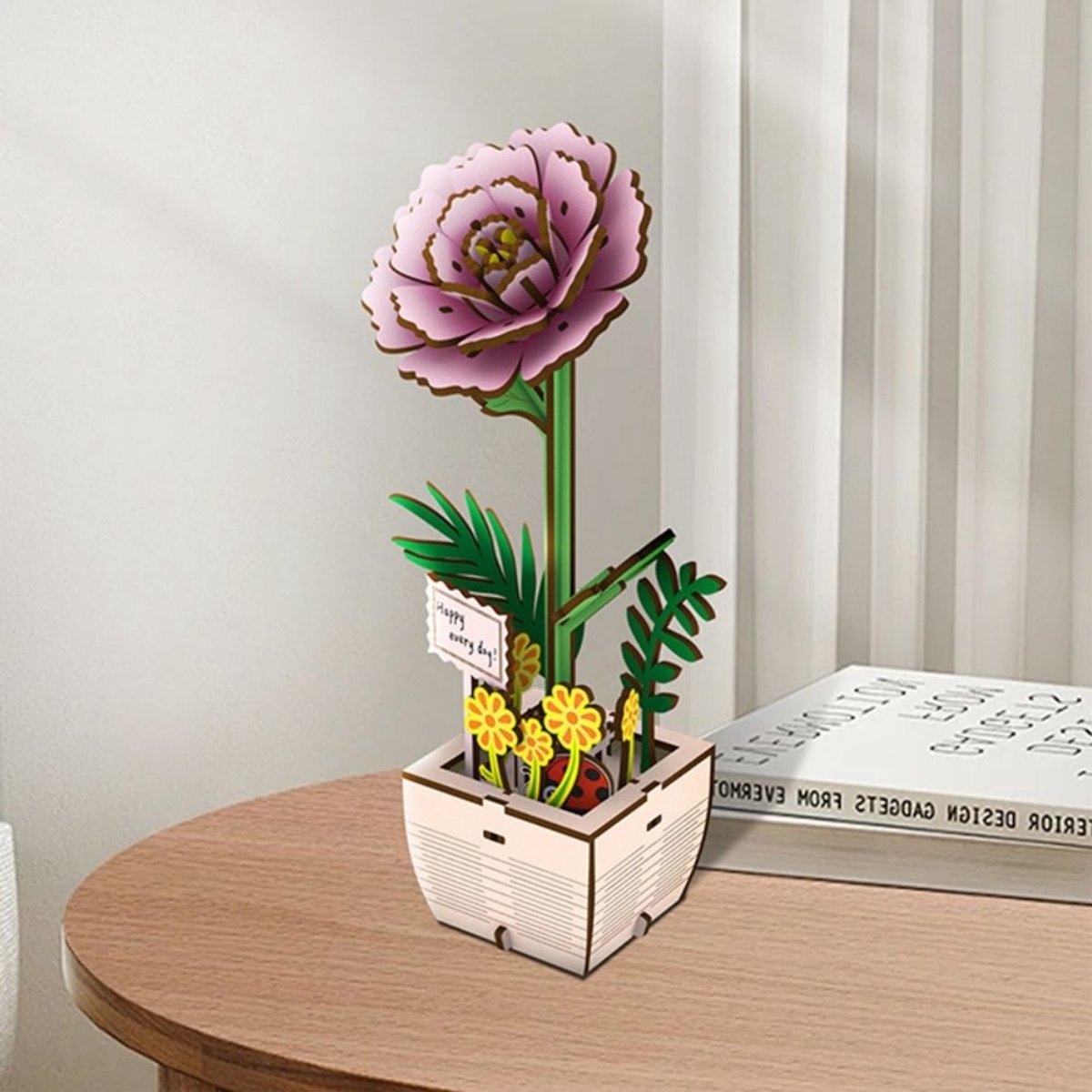 Figured'Art 3D Houten Puzzel - Pioenroos - DIY Bouwset Zonder Lijm Monteren - Originele Interieur Decoratie - Creatief Hobbypakket voor Volwassenen - Frans Merk