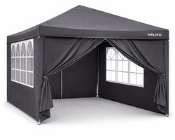 VÉLITE Partytent 3x3 – met 4 Zijwanden – Opvouwbare Easy Up Tent – 800D Waterdicht Doek – Inclusief Haringen en Touwen – Stevige Partytent voor Evenementen – 300 x 300 cm – Grijs