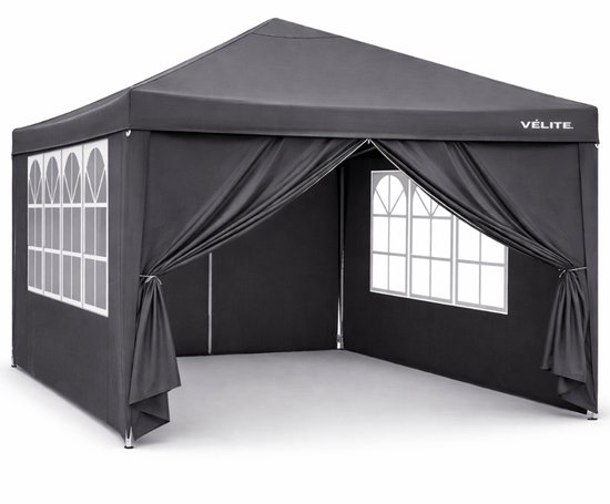 Grijze Vélite partytent met zijwanden met vensters, gedeeltelijk geopend aan de voorzijde.