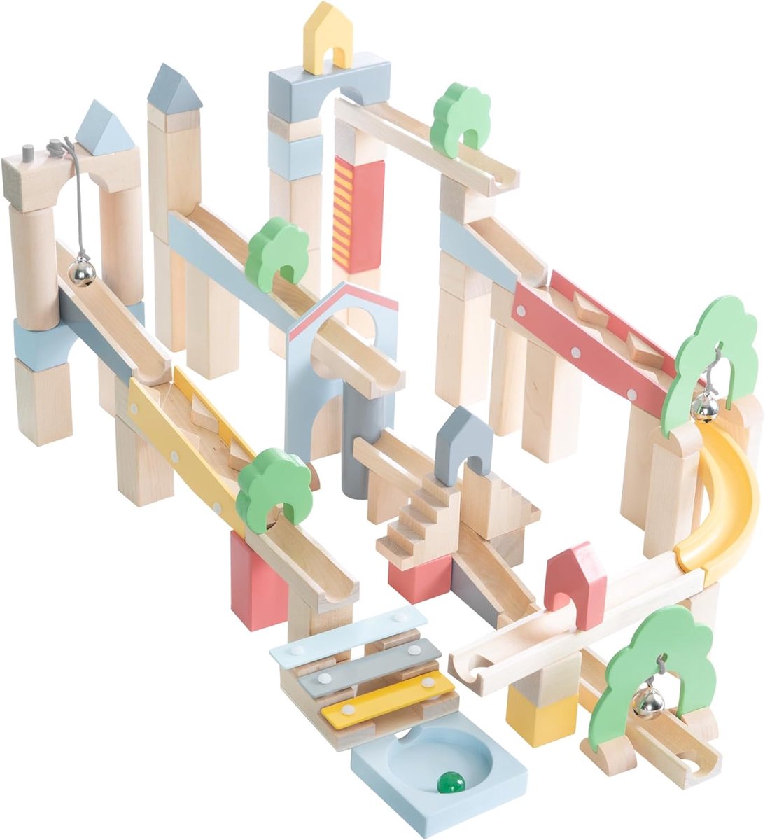 Houten Knikkerbaan - Bouwspel Knikkerbaan - Kind Ontwikkeling - 80 Delige Set - 100cm Lengte - Multicolor