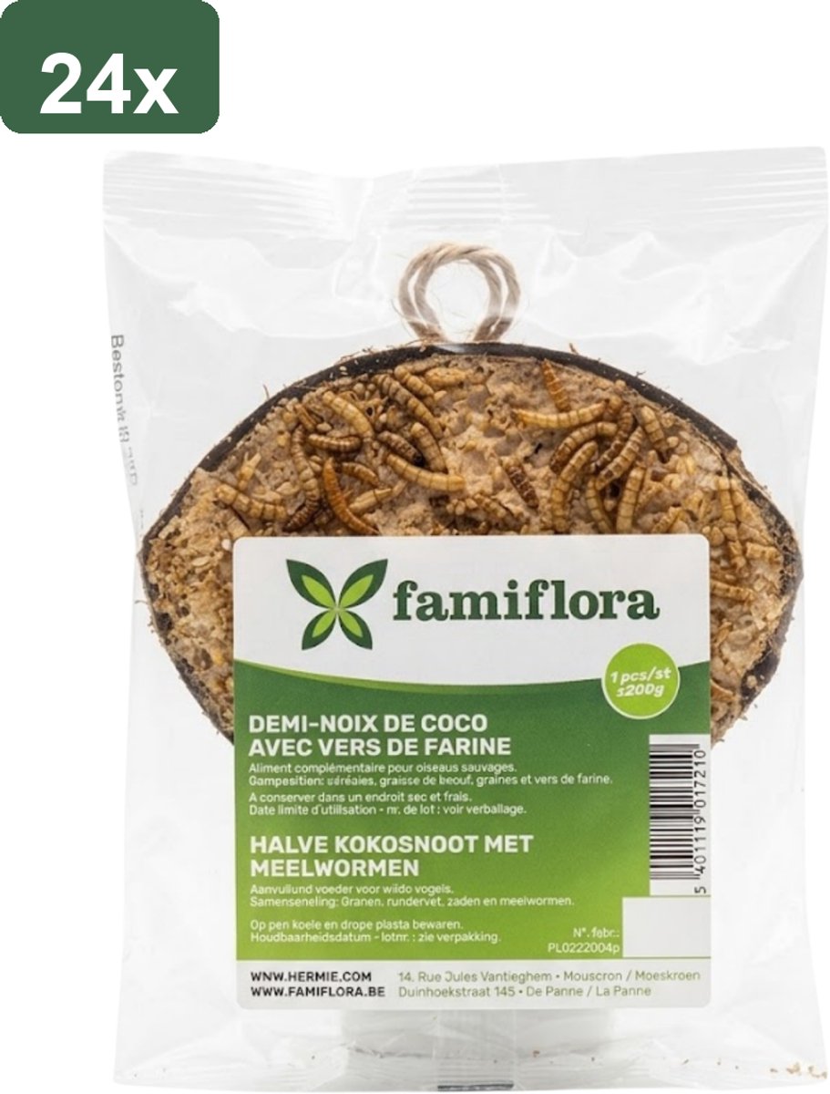 Famiflora Halve Kokosnoot Gevuld - 24 stuks (4.8KG) - Buitenvogels - Met Meelwormen - +/- 200g per stuk - Voor tuinvogels - 100% Natuurlijke houder - Verrijkt met meelwormen - Direct op te hangen