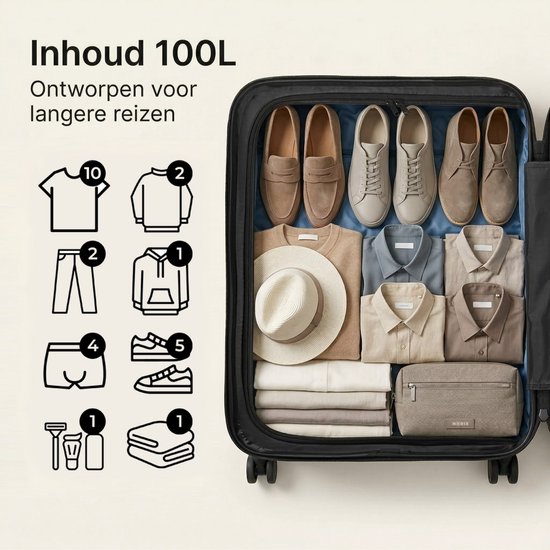 Gevulde donkerblauwe koffer met kleding en accessoires, met de tekst 'Inhoud 100L'.