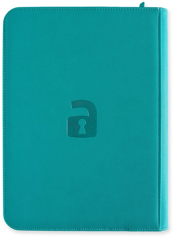 Gesloten blauwgroene binder met een sleutelgat-logo op de voorkant.