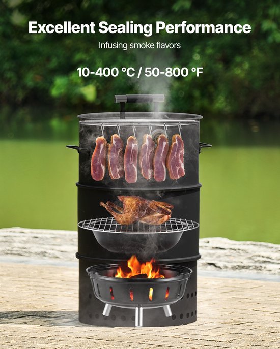 VEVOR Rookoven, 470mm, Houtskoolgrill, Barbecue Rookoven, Gecoat Stalen Grillvat met 2 Grillroosters, 1 Ophangstang, 6 Haken en Thermometer van VEVOR — afbeelding 4