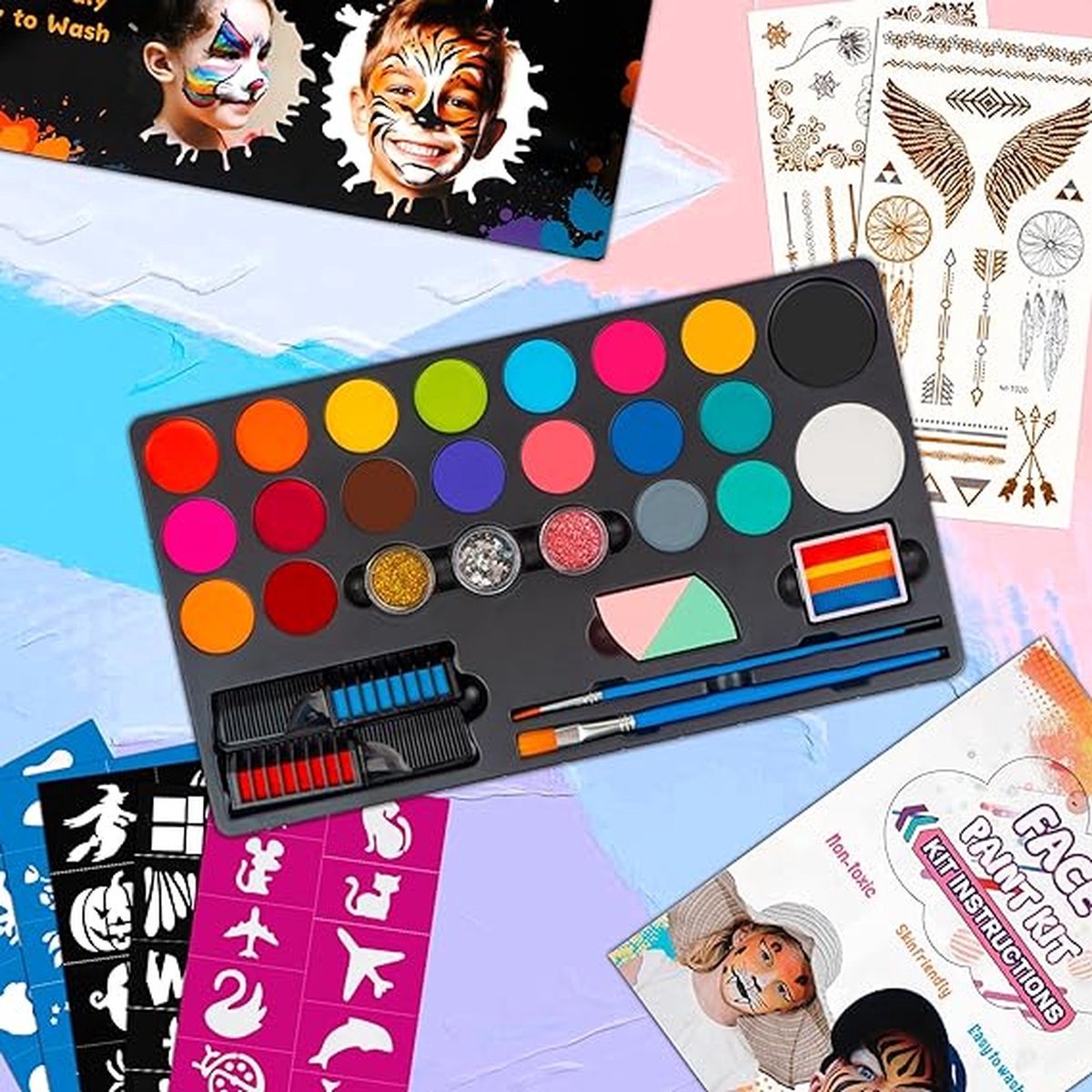 Meedeer Schminkset voor kinderen-20 kleuren-Make-up voor kinderen-Waterbasis-Met Penselen & Stencils-Kinderschmink-Afwasbare Face Paint voor Carnaval, Halloweenen — afbeelding 7