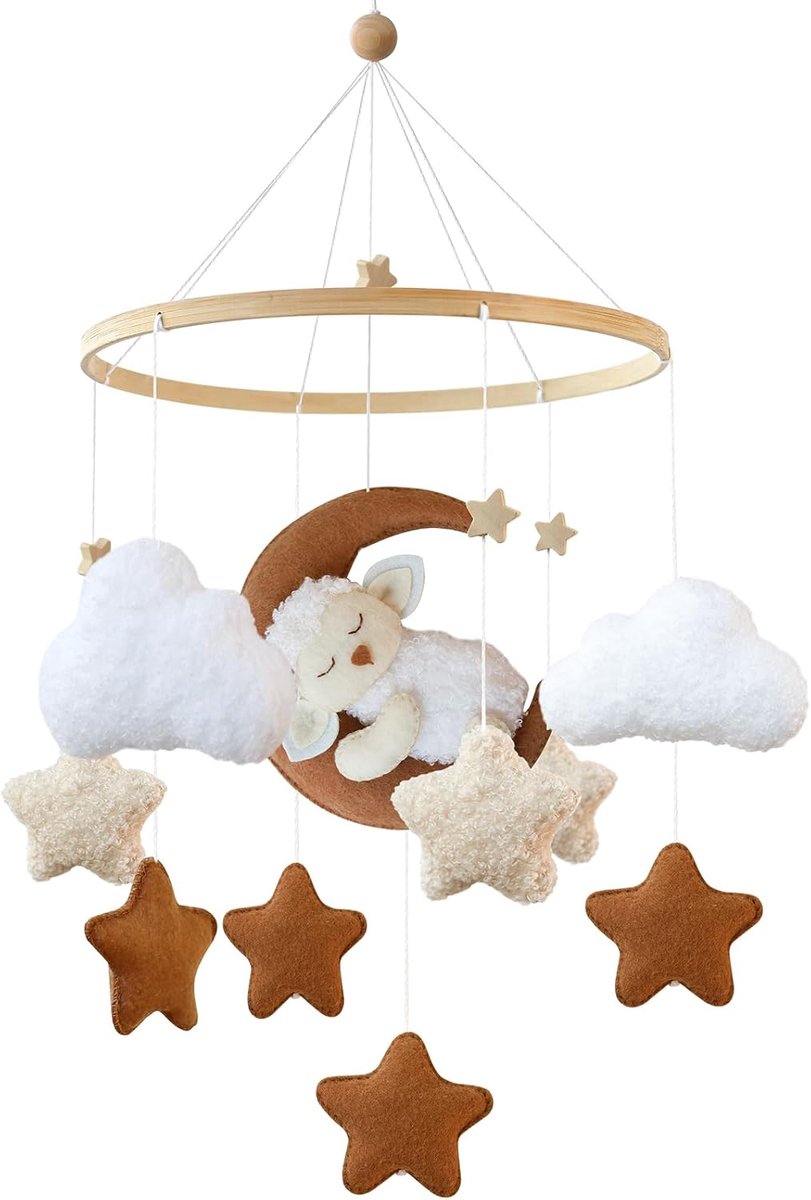Baby Mobiel - Wiegdecoratie Lam - Babykamer Inrichten - Handgemaakt Vilt - 30x30cm Pakket - Beige