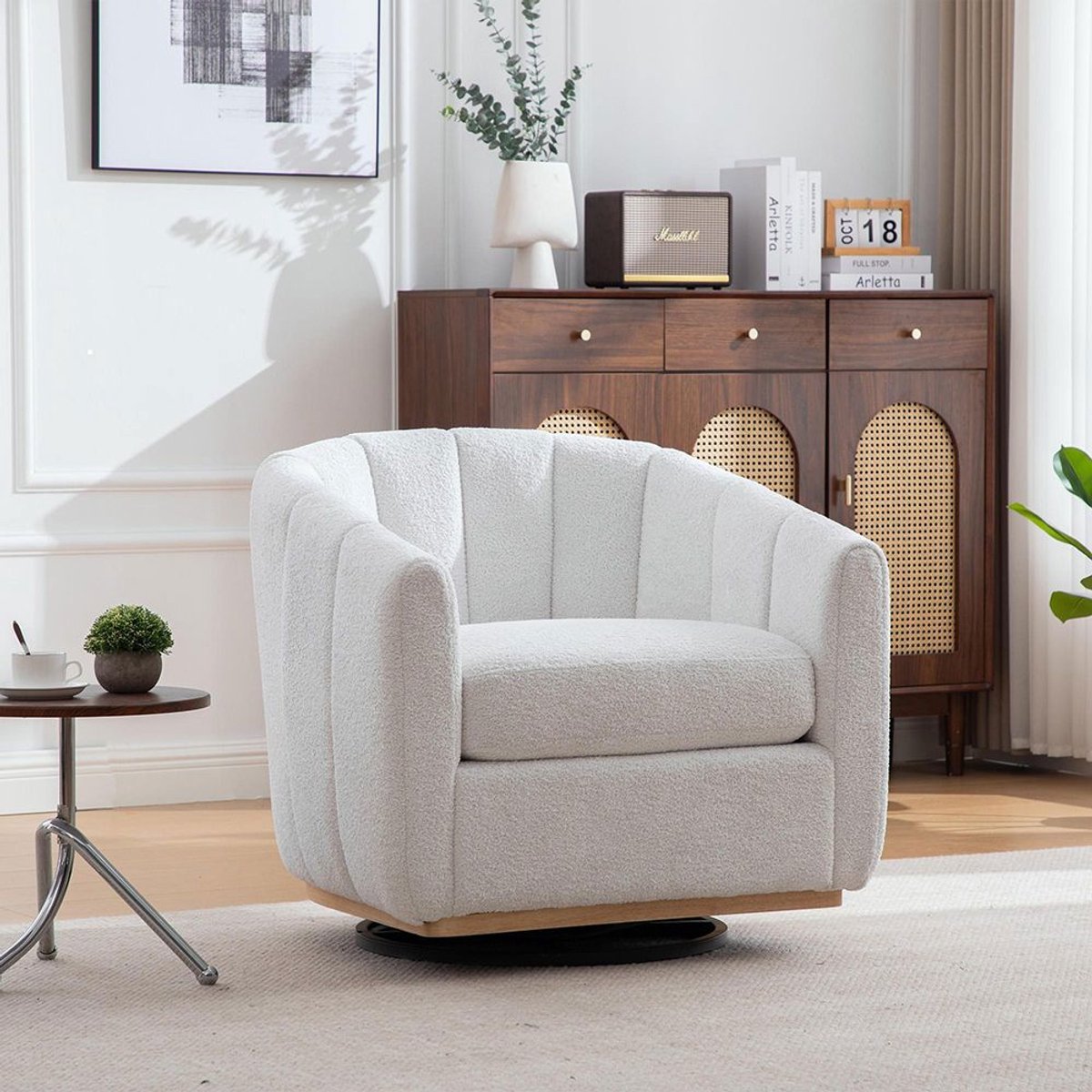 KOMHTOM BLACKCOLORS Moderne poef van chenille met metalen voet, 360° draaibaar, gestoffeerde stoel met pompons, clubstoel in pompoenvorm voor woonkamer, familiekamer, slaapkamer, lounge, ivoor