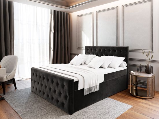 Boxspring FONDI 180x200 cm met matras en topper, bedkasten - Zwart