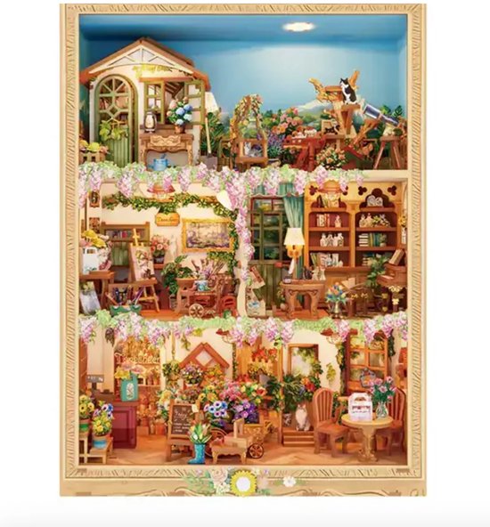 Gedetailleerd diorama 'Blossom Time' met meerdere verdiepingen, vol met bloemen, meubels en decoraties.