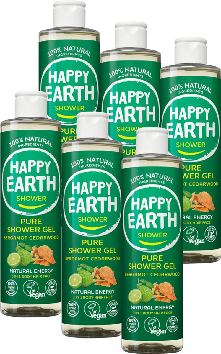 Happy Earth Bundel 3-in-1 Douchegel Bergamot Cedarwood - 100% Natuurlijk - Body, Hair & Face - Zonder SLS/SLES - Vegan - 6 x 300 ml - Voordeelverpakking
