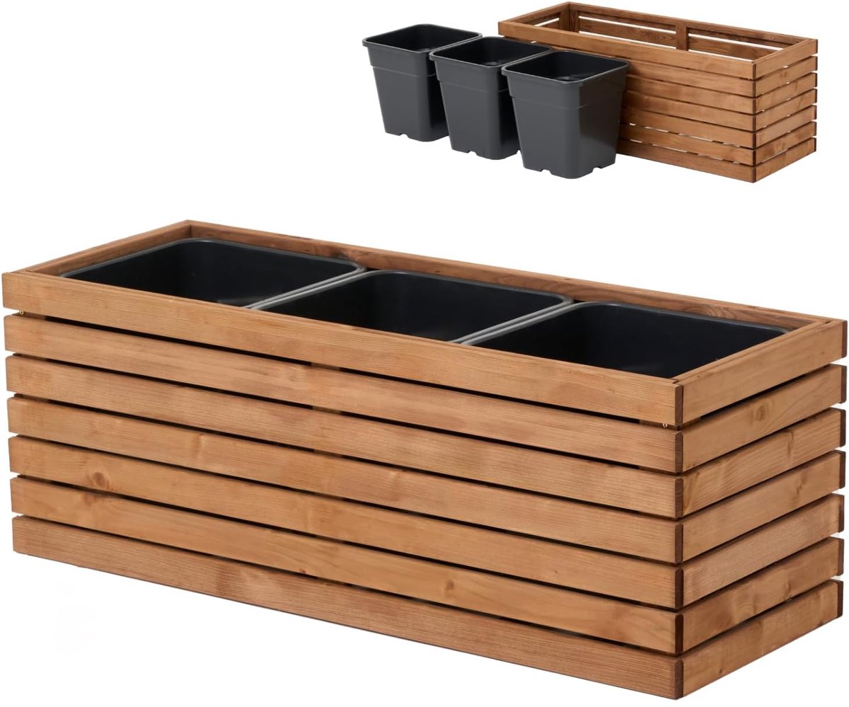 Vierkante houten plantenbak met kunststof binnenbak, 98x36 cm, voor binnen en buiten