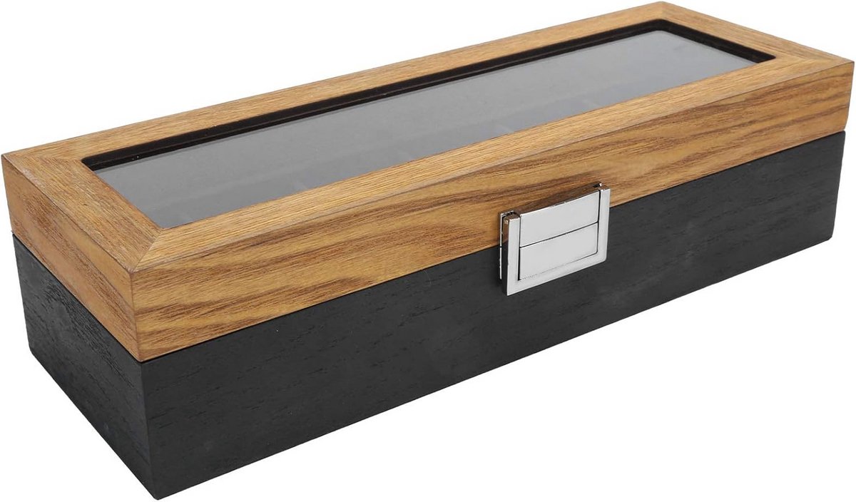 Houten Horlogedoos 6 Vakken met Glazen Deksel voor Herenhorloges