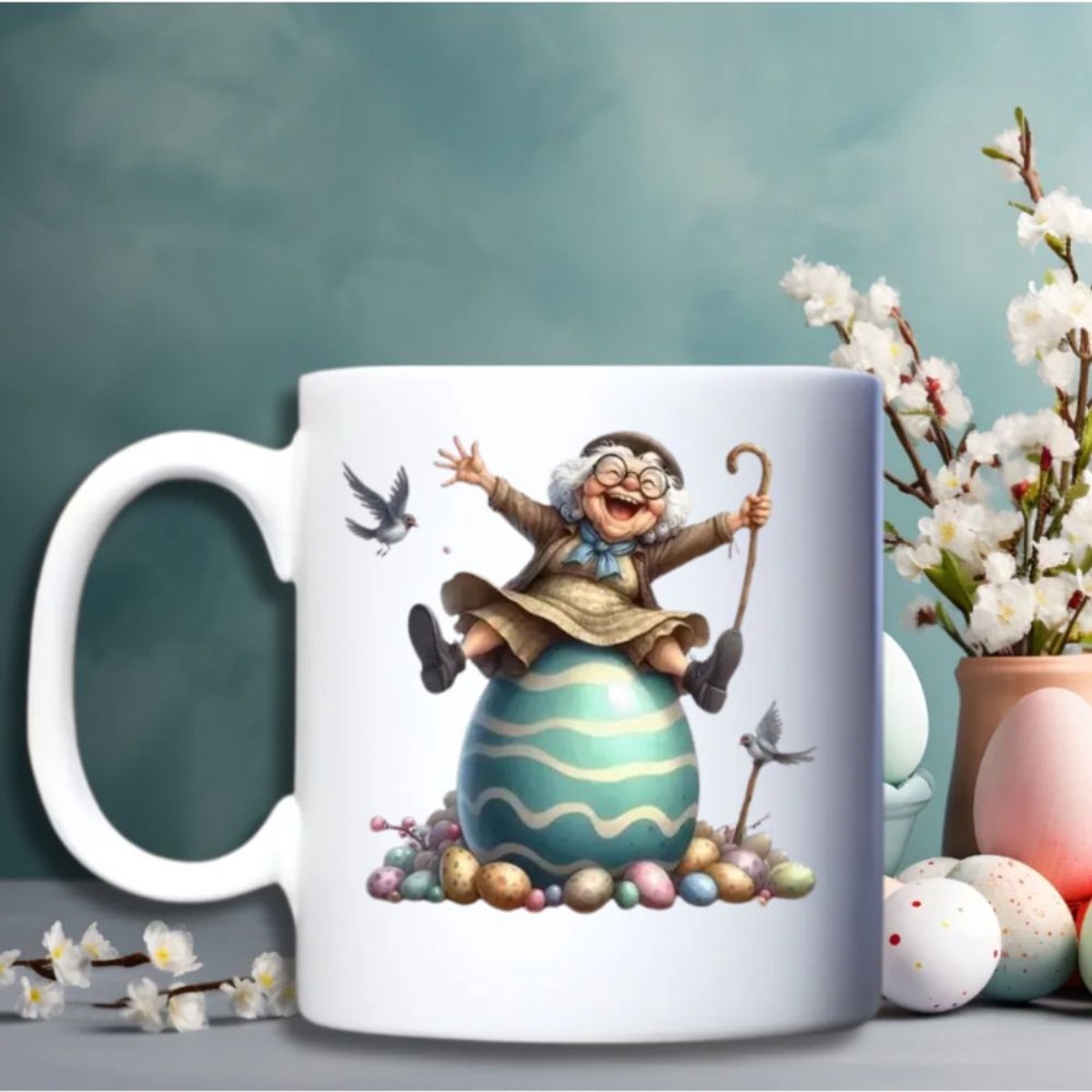 Grappige Paas Mok – “Happy Easter” – Schattige Oma en Paashaas – Keramische beker 330 ml – Cadeau voor Pasen
