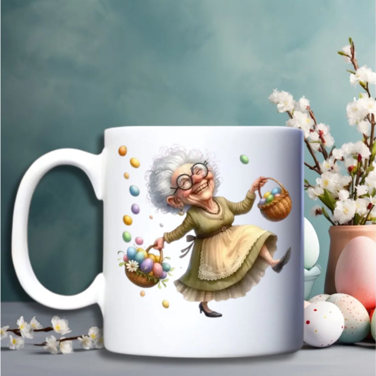 Grappige Paas Mok – “Happy Easter” – Schattige Oma en Paashaas – Keramische beker 330 ml – Cadeau voor Pasen