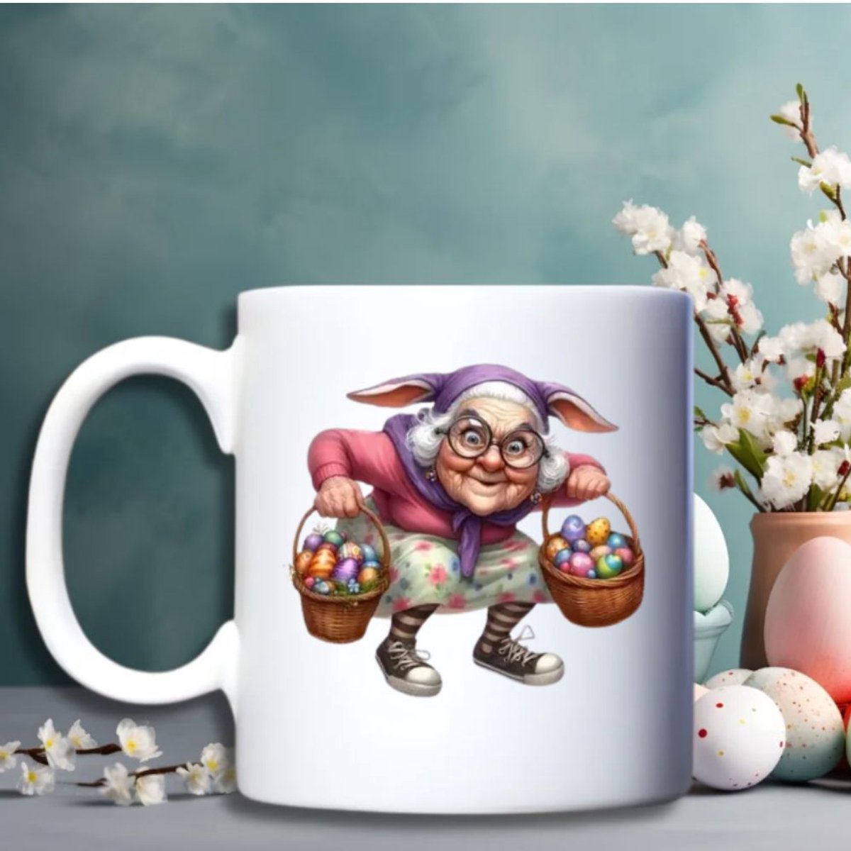 Grappige Paas Mok – “Happy Easter” – Schattige Oma en Paashaas – Keramische beker 330 ml – Cadeau voor Pasen