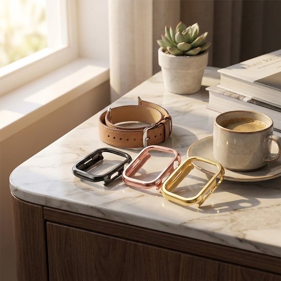 Drie Apple Watch bumpers in zwart, rosé goud en goud, naast een bruin leren bandje en een kop koffie.