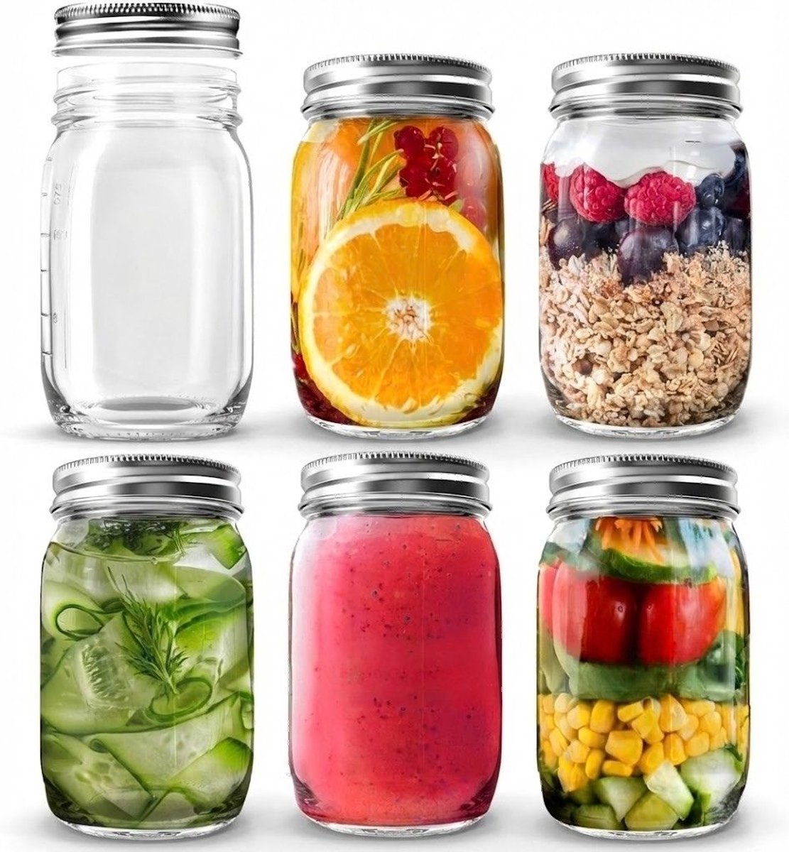 SNJY® Overnight Oats Potjes - Glazen Potjes met Deksel - Mason Jar - Weckpot - 4x490ml - Transparant