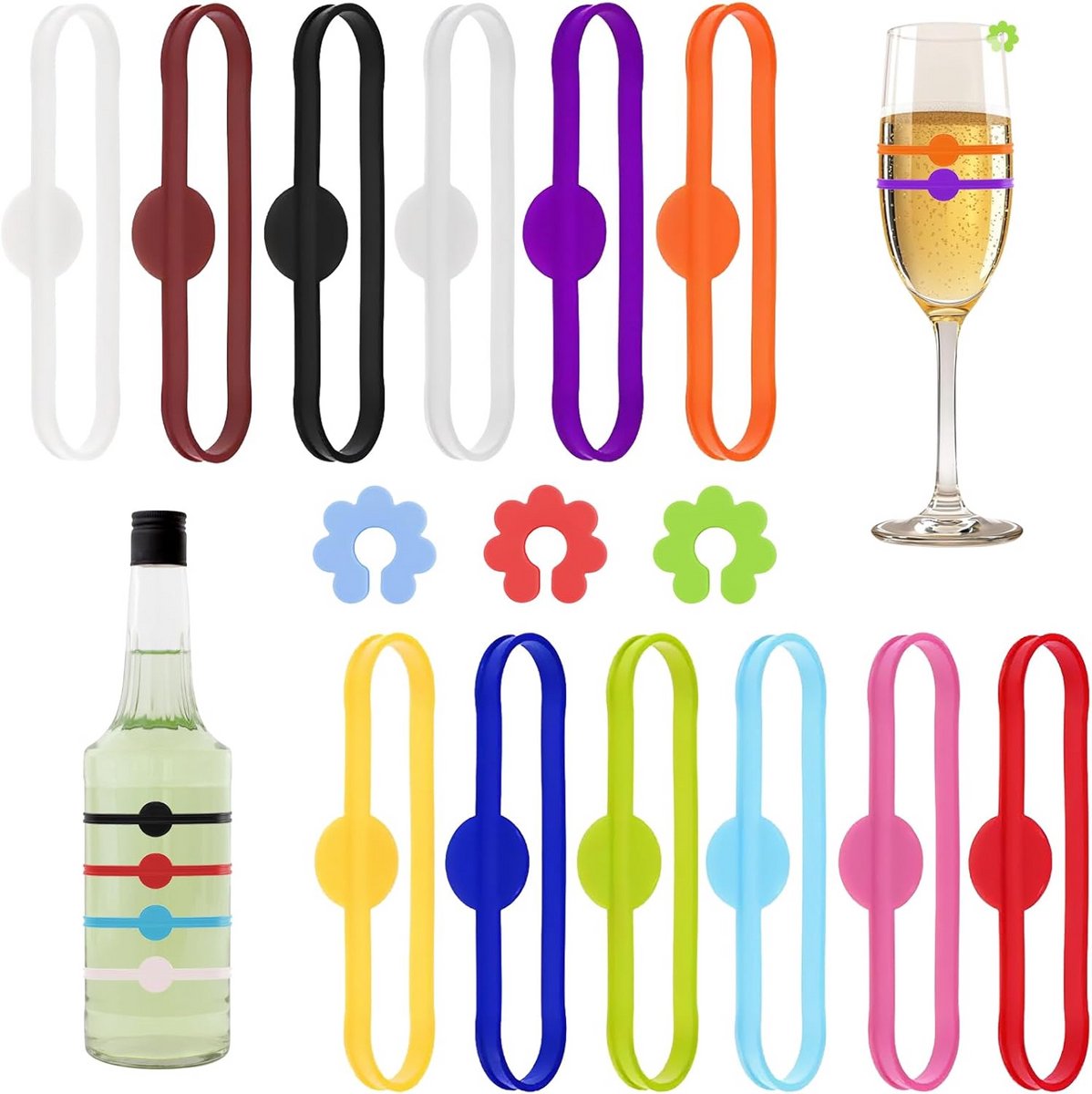 12-Delige Set Siliconen Wijnglas Markers - Gemengde Kleuren Drinkglas Markeringen