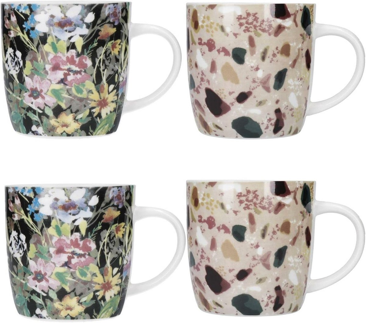 Set van 4 Steengoed Barrel Koffiemokken 425ml met Bloem- en Terrazzo Print